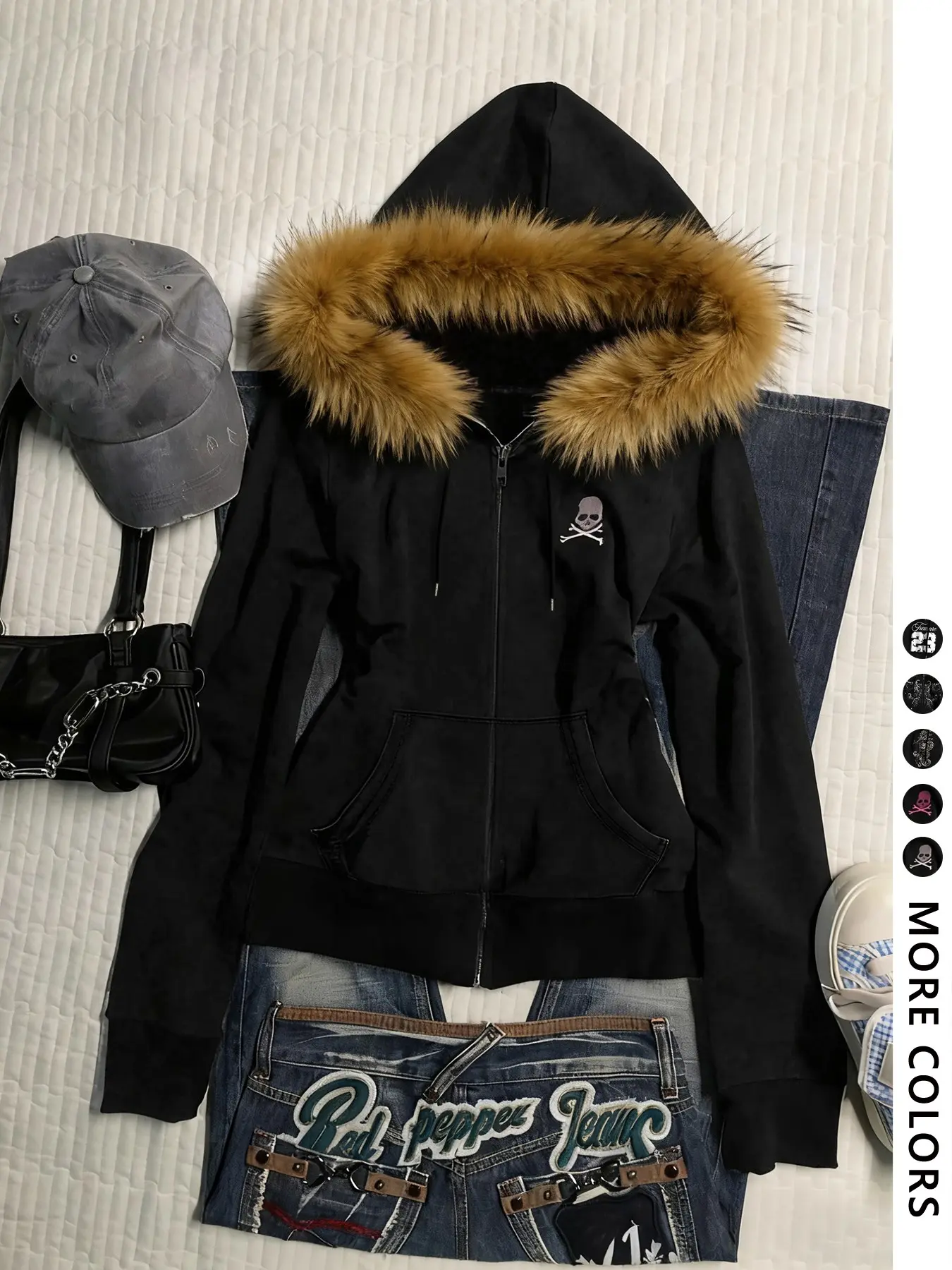 Women's Fashion Fleece Graphic Hoodie with Pockets and Adjustable Drawstring, Fur Collar Coat, Street Style Casual Vintage Everyday, Holiday Gift Choice, Womenswear