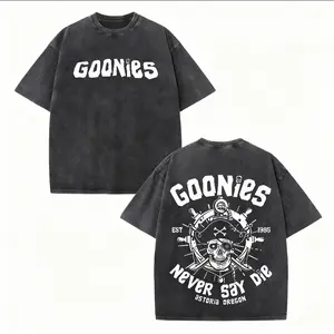 Goonies Never Say Die Retro Movie Pirate Skull Graphic Tee Vintage Washed Nostalgic Nautical Distressed Short Sleeve Casual Streetwear Astoria Oregon Print Summer Relaxed Crew Neck Unisex Top