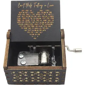 Can’t Help Falling in Love Music Box Black Hand Crank Vintage Wood Carved Musical Box Gifts for Lover, Boyfriend/Girlfriend/Husband/Wife/Lovers on Birthday/Valentine's Day/Anniversary