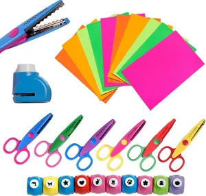 26 Pieces Crafting Set Craft Scissors with Decorative Edge, Including 6 Scissors with Fun Decorative Edge, 10 Paper Hole Punch Shapes & 10 Colorful Pieces of Paper