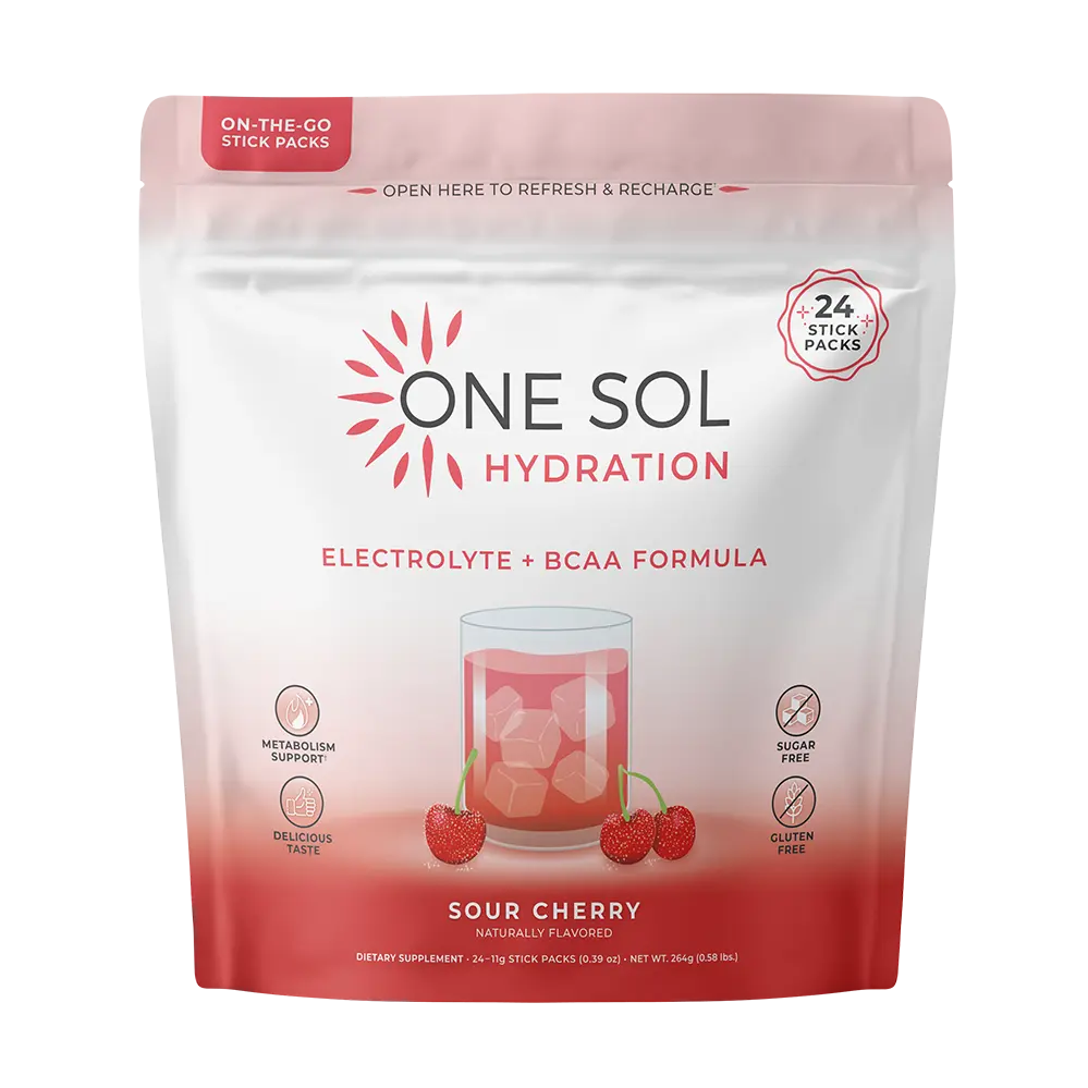 One Sol Hydration - Sour Cherry Flavor - On The Go Lean Hydration + Electrolytes, BCAA's, Coconut Water, Trace Mineral Booster - 24 Packets