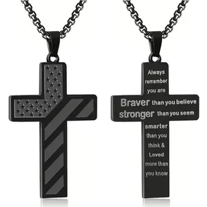 Cross Pendant Necklace for Men Teens Boys, Stainless Steel Bible Verse Flag Jewelry, Patriotic Faith Gift for Graduation, Birthday, Christmas, Easter