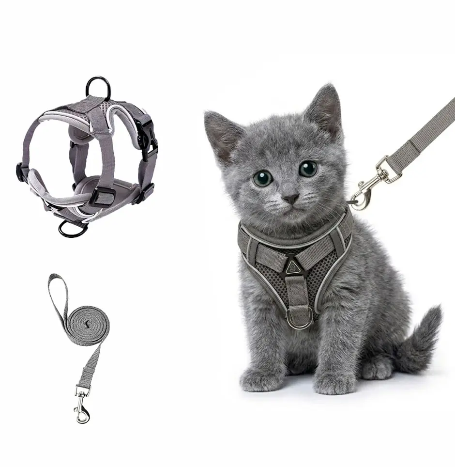 Escape-proof cat harness and leash set; adjustable size. Cat leash and collar made from comfortable, breathable materials with adjustable sizing. Reflective strip, soft mesh vest, convenient for safe leash walking. Includes a summer version; breathable an