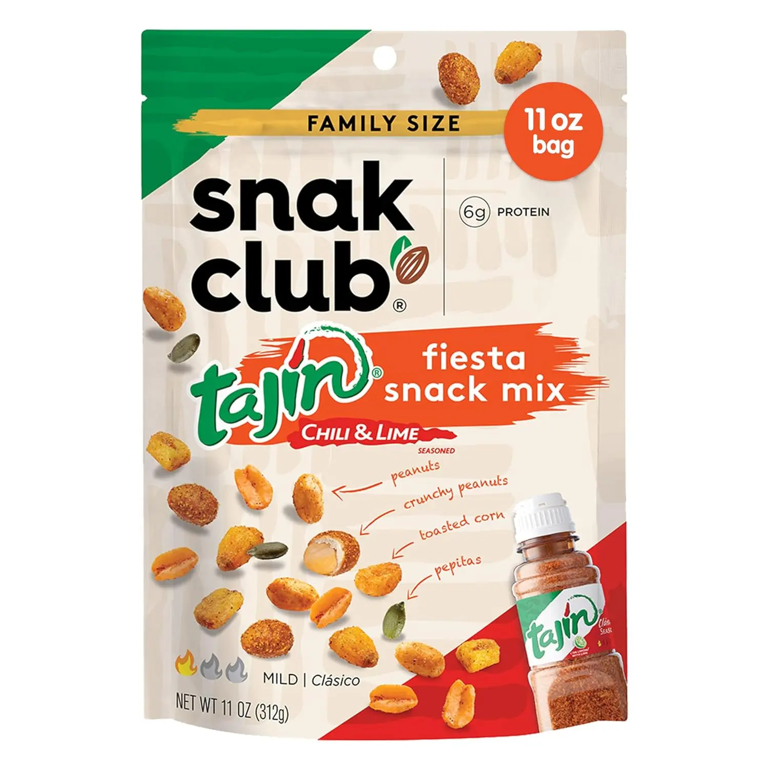 Snak Club Tajin Fiesta Snack Mix 11 oz, Crunchy Peanuts, Toasted Corn & Pepitas with Mild Chili Lime Seasoning, Resealable Bag Snack
