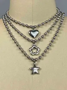 3 Piece Set Fashion Trendy Beaded Chain Silver Color Heart Star Flower Pendant Stainless Steel Dainty Necklace, Casual Party Unisex Jewelry