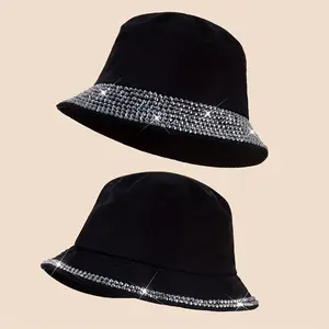 [Black Casual Rhinestone Bucket Hat] Trendy Rhinestone Decor Bucket Hat Black Casual Sunscreen Basin Hat Hip Hop Fisherman Cap For Women & Men