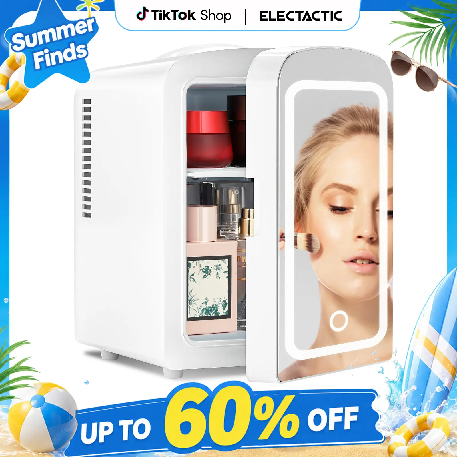 [DealsForYouDays] Electactic Compact Refrigerator, Skincare Fridge With Dimmable LED Light Mirror,4L 12oz Capacity, Portable Small Refrigerator for Cosmetics, Skin Care and Food , Ideal for Bedroom, Car, Office & Dorm,100% Freon-Free & Eco Friendly,White.