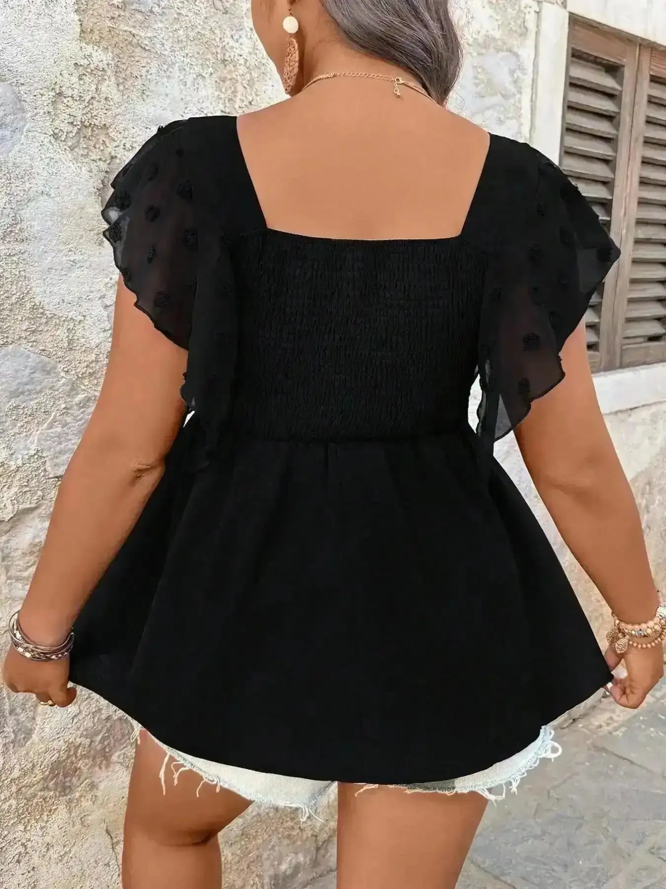 Stylish Warm Pullover, Plus Size Smocked Peplum Shirt Square Neck Swiss Dot Flutter Sleeve Blouse Tummy Control Flowy Casual Summer Boho Trendy Bohemian Tops, Vacation Wear, Cottagecore, Stretchy, Knit Top, Resort
