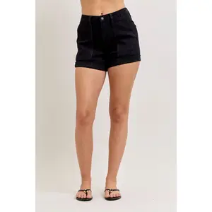 Judy Blue High Waist Aurora Weekender Double Rolled Cuff Black Denim Short 150358