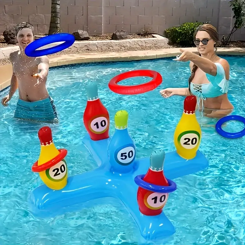 5-piece Multi Purpose Inflatable bowling game set-suitable for family gatherings, bar drinking games and swimming pool fun, Inflatable Pool Floaters, durable PVC material, suitable for over 14 years old, Pool Floats Raft (circle color is random)
