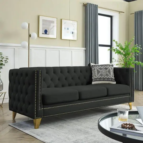Black 3-Seater Tufted Velvet Couch with Metal Legs, Retro Style, Tufted Buttons, Fixed Arms, High Density Foam, 250 lbs/Seat Capacity, No Assembly Required, Sturdy, for Living Room, Bedroom