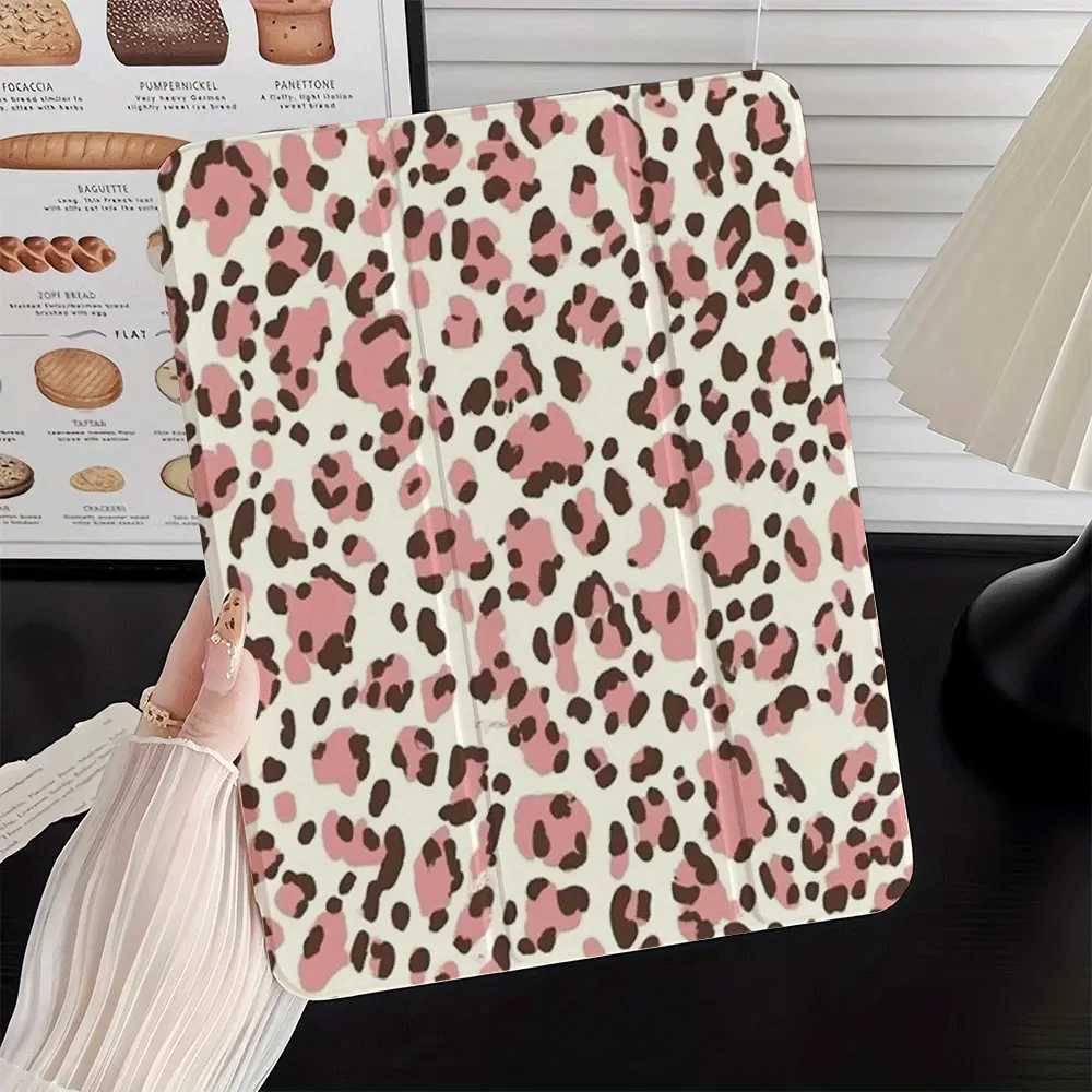 Pink and brown leopard shadow tablet case with adjustable stand and pen slot, foldable non-slip TPU protective case, suitable for iPad mini, iPad Air, iPad Pro/iPad 10th generation, 11th generation and other series iPad protective cases