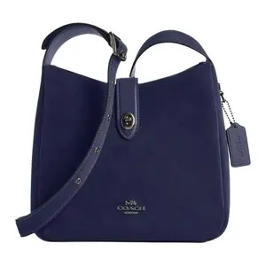 COACH Hadley 25 Suede Crossbody Bag for Women – Metallic Logo, Medium Size, Navy Blue