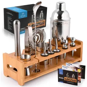 24-Piece Bar Set - Complete Cocktail Shaker and Bartender Kit with Tools, Bamboo Storage, and Stylish Stainless Steel Utensils for Home Bar