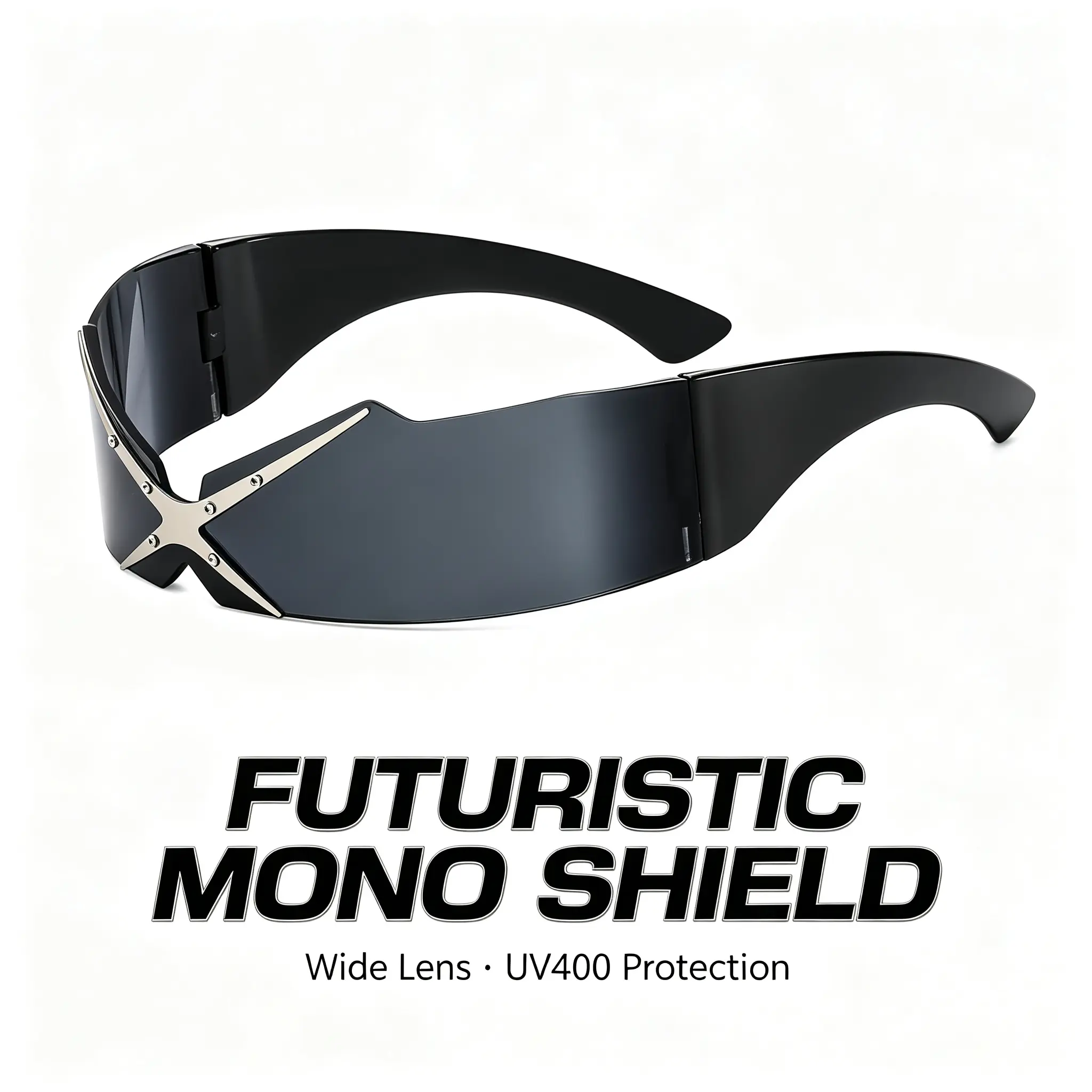 Men's Futuristic Rimless Wrap-Around Sunglasses - UV400 Cyberpunk Visor Shield Eyewear, Metal Cross-Stud Temples for Streetwear Fashion shop smart dad