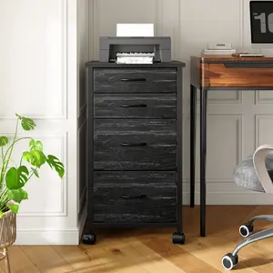 Raybee Furniture Mobile File Cabinet with 4 Fabric Drawers Vertical Storage Filing Cabinet Fits A4/Letter Size Printer Stand for Home & Small Office Use Metal Frame Stable Space-saving Organizer Black