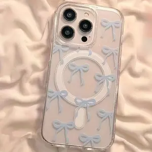 Magnetic Phone Case Supports Wireless Charging Case for iPhone 17 16 Pro Max 15 Plus 14 13 12 11  Air XS XR Blue Bow Pattern Non-Yellowing Shockproof Clear Slim Protective Soft Case Transparent Acrylic Cover.