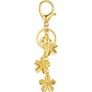 Gold/Silver Initial Keychain Flower Charms for Key Cute Letter Keyring for Purse Handbag Backpack
