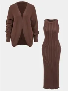 Women's Elegant Sleeveless Dress Set, Fashion Casual Long Knit Cardigan, Buttonless Sweater, Fall & Winter, Knitwear