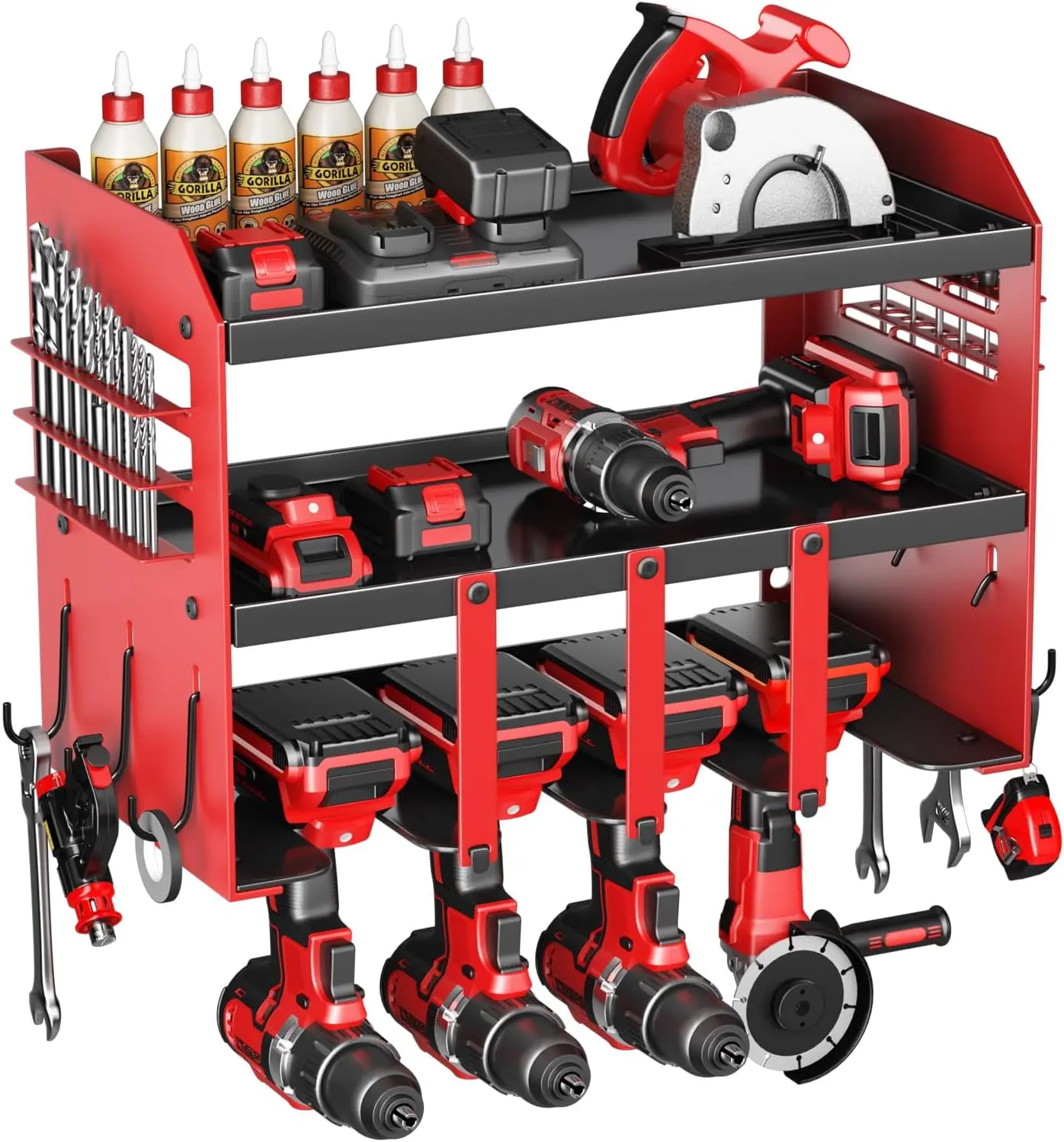 Power Tool Organizer Wall Mount - 120Lbs Load 3 Layers Storage Rack 4 Drill Holders for Drills Cordless Heavy Duty lron Garage Tool Organizer Storage - Workshop Shed Pegboard Basement, Gifts for Men