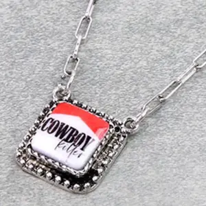 Cowboy Pendant Necklace with Red and White Design and Silver Chain