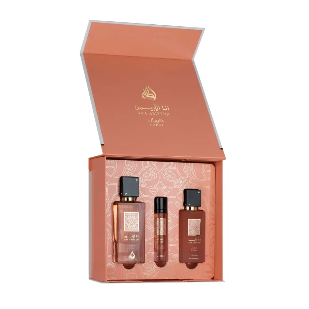 Lattafa Ana Abiyedh Coral Unisex Fragrance Gift Set - EDP (60ml Eau de Parfum, 12ml Travel Spray, 50ml Hair Mist) - Amber Vanilla Floral Fruity Tropical Scent for Men/Women, 3 to 3.9 fl oz Mini Set