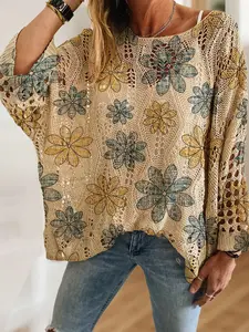 Women's Blue Floral Print Knit Top, Casual Elegant Chic Vacation Style, Comfortable Breathable Loose Fit, Batwing Shoulder Design