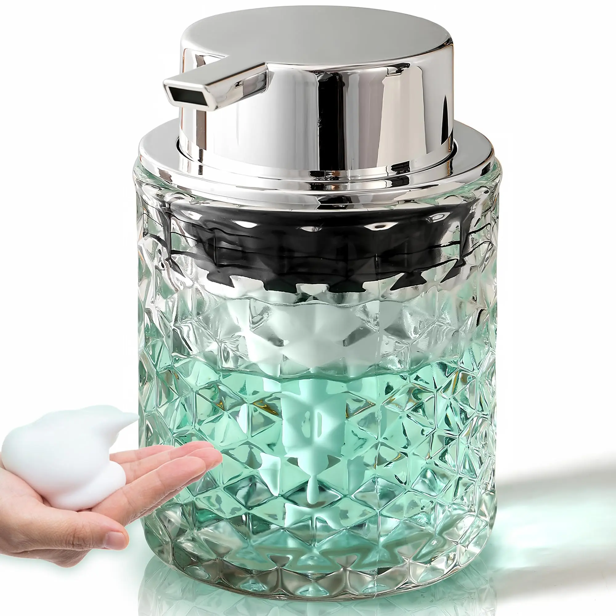 Foaming Hand Soap Dispenser， Bathroom Soap Dispenser or Lotion Dispenser for Kitchen,Refillable Clear Glass Soap Dispenser with Large Pump (Clear-Foaming)