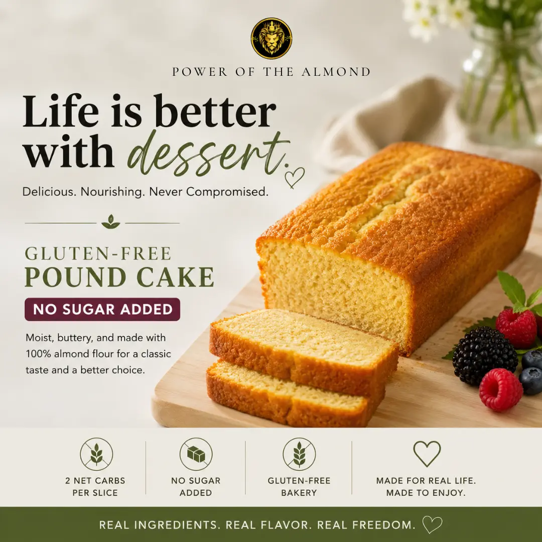 No Sugar Added Low Carb Keto Gluten Free Pound Cake Loaf Dessert Food - 1-2 Net Carbs per Slice