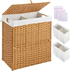 No Install Needed 110L Foldable Wicker Laundry Hamper with Lid, 2 Removable Liner Bags, 2 Section Handwoven Rattan Clothes Hamper with Handles, Natural