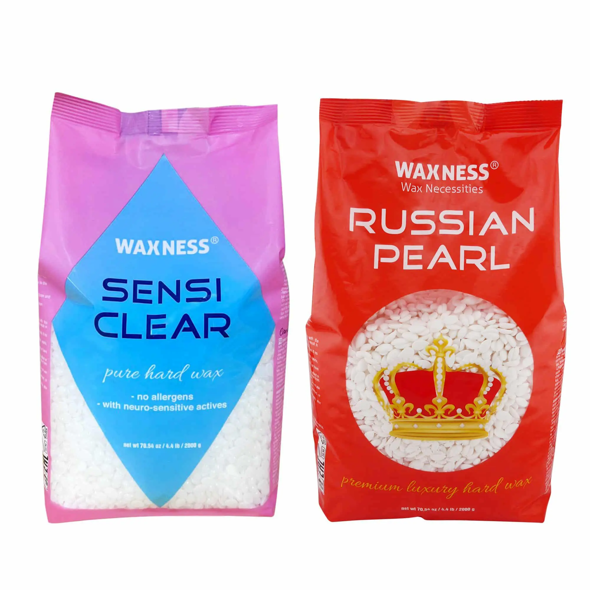 Waxness DOUBLE SIZE - RUSSIAN PEARL (Creamy) and SENSI CLEAR (Gel) Rosin-Free Stripless Hard Wax Beads for Sensitive Skin, Brazilian & Full Body Hair Removal 4.4 lb / 2 kg Each, Pack of 2, Made in Italy