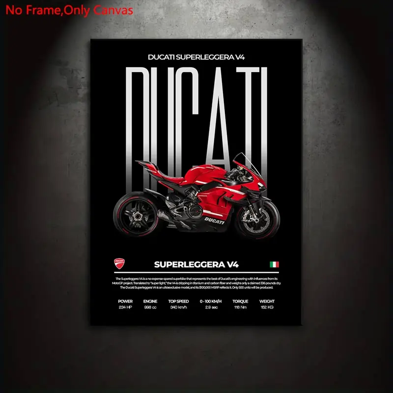 1 piece/set frameless canvas painting print poster, Unique artwork, classic minimalist vehicle art, superbike Ducati Superleggera V4, gift for motorcycle culture enthusiasts, ideal for home, Home Decor, wall decor, Decoration items