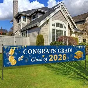 2026 Graduation Decorations Congrats Grad Class of 2026 Banner - Blue and Gold Graduation Yard Sign Backdrop Hanging Decorations for Indoor Outdoor 2026 Grad Party Supplies200x45cm