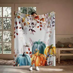 Lightweight Fall Pumpkin Flannel Blanket, Breathable Soft Watercolor Autumn Throw, All Season Home Decor, Great Gift for Thanksgiving & Pumpkin Lovers