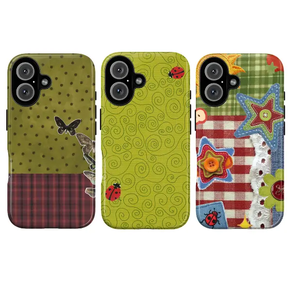 Whimsical Ladybug Patchwork Phone Case Cute Vintage Collage Aesthetic – Green Polka Dot & Gingham Kawaii Bug Phone Cover for iPhone & Galaxy, Whimsical Style for iPhone 11, 12, 13, 14, 15, 16, 17, Perfect Gift for Her,Girl &Women