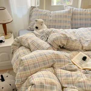 Light Blue Plaid 3pcs Bedding Set , Fresh Minimalist Style, Classic Geometric Pattern, Spring & Summer Duvet Cover + Pillowcase, All Seasons Use