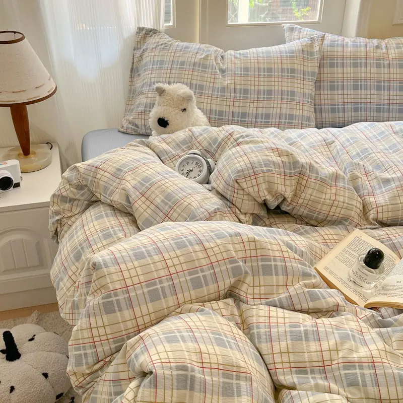 Light Blue Plaid 3pcs Household Bedding Set , Fresh Minimalist Style, Classic Geometric Pattern, Spring & Summer Duvet Cover + Pillowcase, Duvet Cover Sets, All Seasons Use