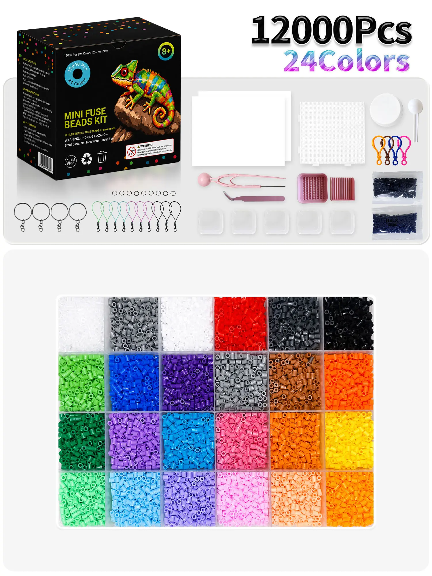 Fuse Beads Kit 12000 Pcs 24 Colors 2.6mm Melting Beads for Kids Crafts - Complete Pixel Art Set with Pegboards, Ironing Paper, Tweezers & Patterns, Ideal Christmas Birthday Gift for Girls Boys Age 5-12