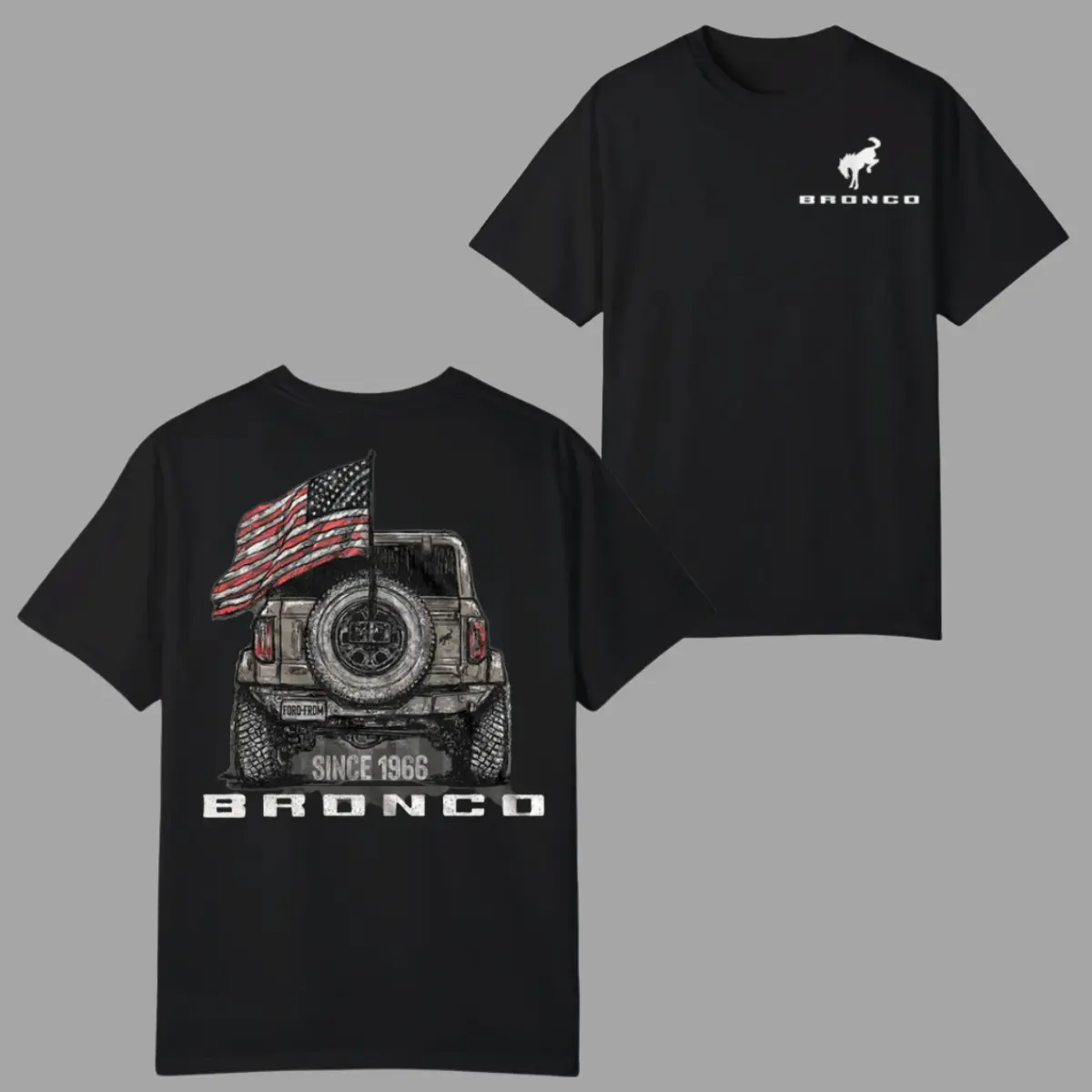 Men's Classic Round Neck Casual Fit 2-Sided Bronco Since 1966 T-Shirt - Soft Cotton Blend, Rear SUV Graphic with American Flag & Off-Road Tires, Patriotic All Seasons Apparel, Gift for Bronco Fans, 4th July Outfit