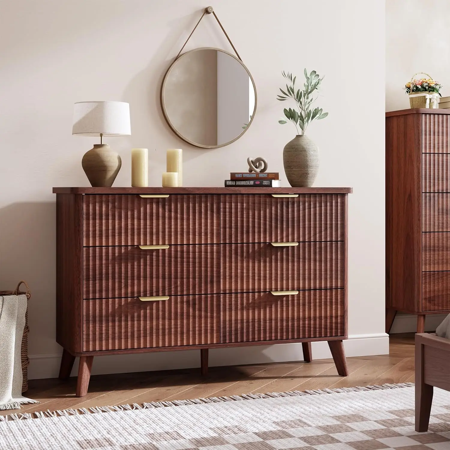 47in Tall Walnut Modern Storage Cabinet Chest - Solid Wood Cabinet, 6 Deep Drawers, Faux Marble Top, Curved Frame, Angled Legs, Natural Texture, Home Decor Organizer Sideboard for Bedroom, Nursery