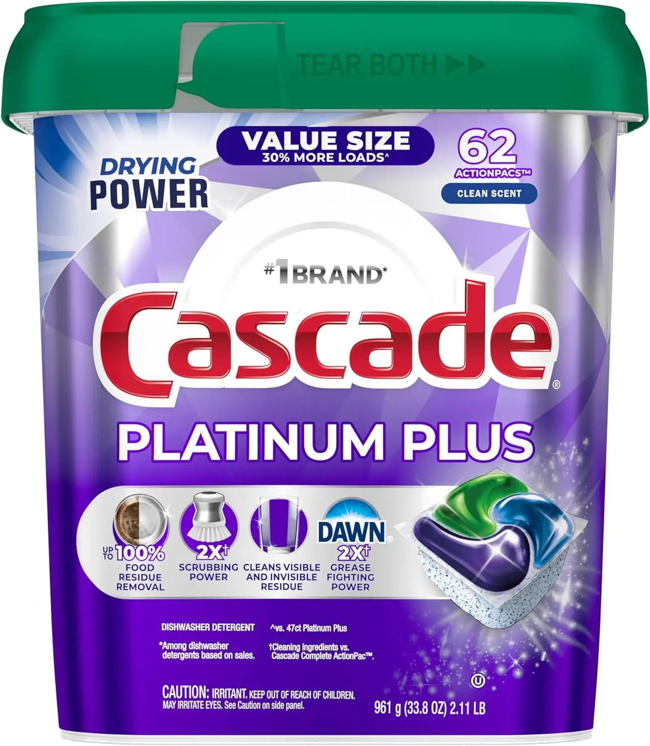Cascade Platinum Plus Dishwasher Detergent Pods, 62 Count, Clean Scent, Powerful Dishwashing Soap