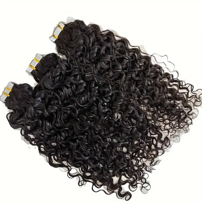 Curly Wavy Tape In Hair Extensions for Women, 18-Inch 100% Virgin Human Hairpieces, Natural Color, 20 Pieces Per Pack, Curly Wavy Hairpieces, Virgin Hair, Wavy Curls