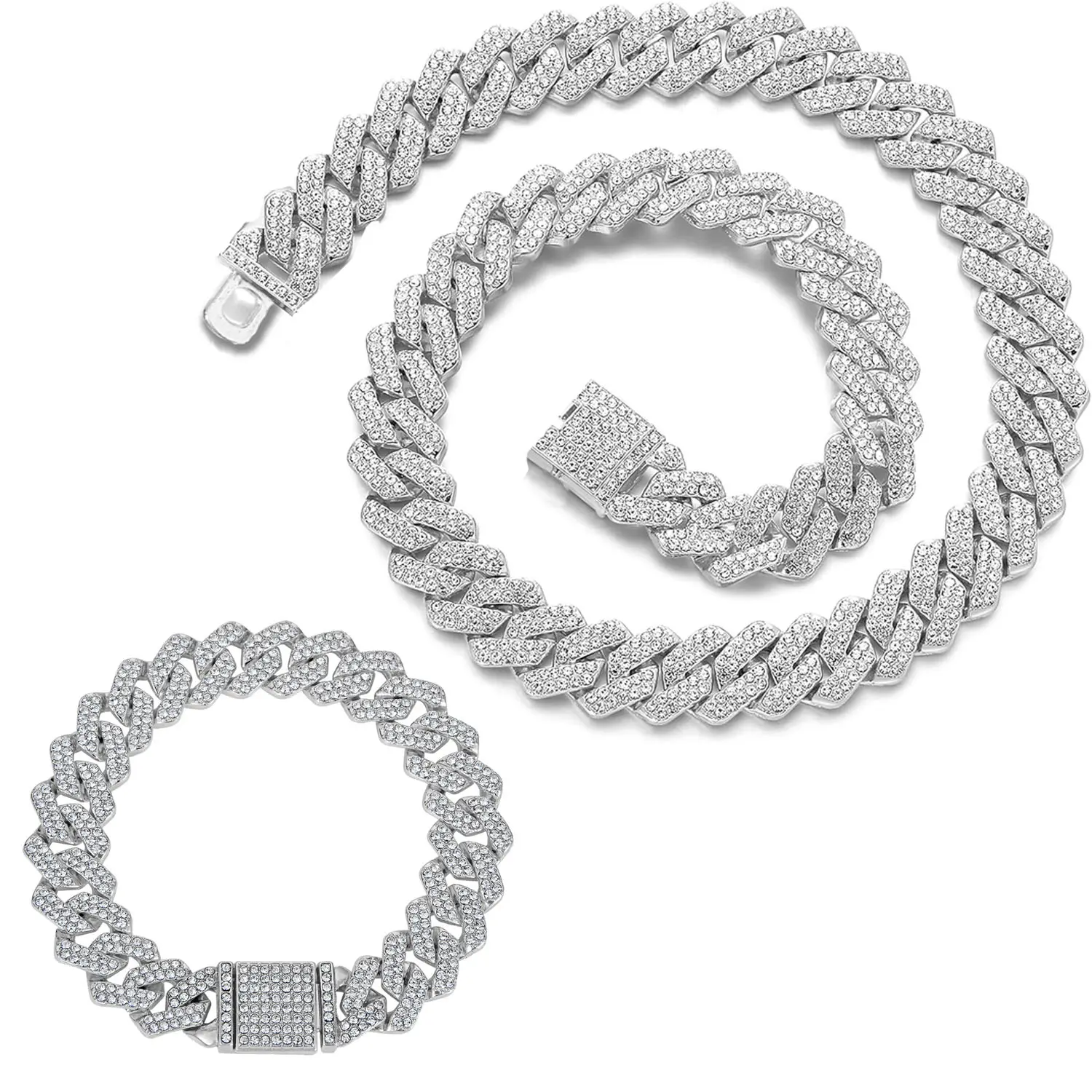 2 Pieces Cuban Link Chain Mens Iced Out Miami Cuban Necklace and Bracelet Silver Bling Diamond Hip Hop Jewelry for Men and Women Trendy Streetwear Jewelry Gift for Boyfriend