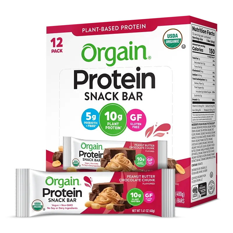 Orgain Organic Protein Bar Peanut Butter Chocolate Chunk | 10g Plant Protein | Organic Snack Bar | Gluten Free | USDA Organic | Non-GMO | 12 Count