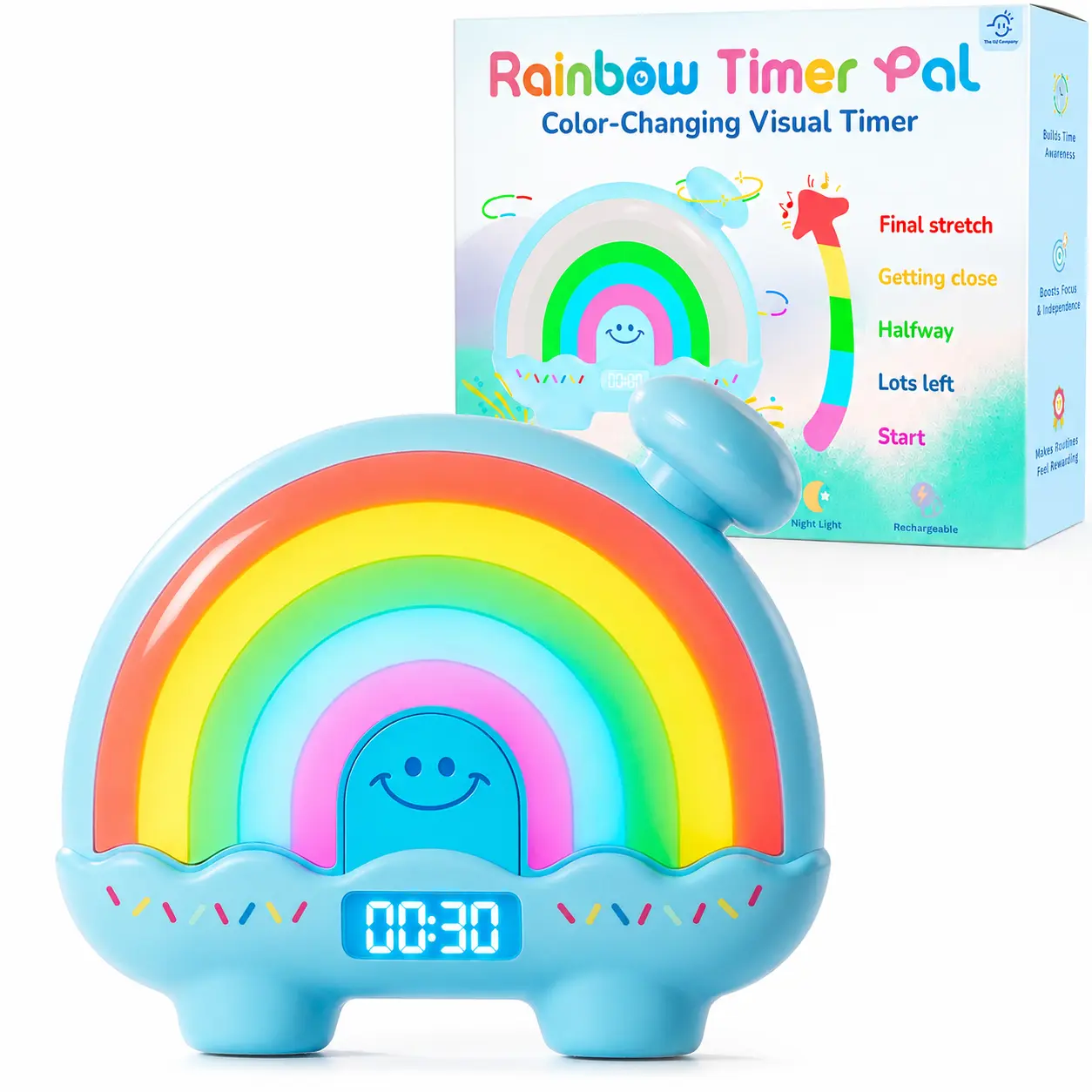 The Pal Company Rainbow Timer - Kid-Safe Visual Sensory Product, 1-99 Min Countdown Clock, Color-Changing Night Light, Magnetic Backing, BPA-Free Silent Tool for Classroom Calm Corner, Home Use, Sensory Products