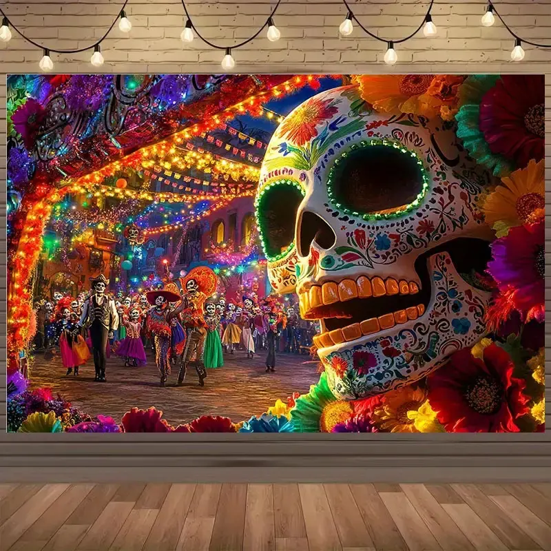 1pc Large Dia de los Muertos Party Backdrop - Sugar Skull Wall Decoration with Vibrant Mexican Folk Art, Colorful Floral Patterns & Papel Picado Design - No Electricity Needed, Self-Standing for Day of the Dead Celebrations, Weddings, Birthdays, Themed Ev