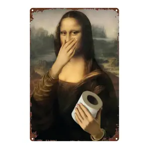 Funny Mona Lisa Toilet Paper Wall Art |   8x12 Inch Vintage Iron Parody Sign with Toilet Paper Roll |   Humorous Bathroom, Living Room & Office Decor |   Easy-Mount Hardware Included, Perfect Housewarming Gift
