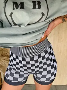 3-Piece Checkerboard Shorts | 60% Polyamide Blend, 2026 Trendy Casual Bottoms for Women, Pink/Khaki/Teal