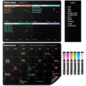 Black Whiteboard Fridge Calendar Set(3-Pack), Magnetic Chore Chart, Refrigerator Planner Calendar, List with 6 Markers, Reward Chore Chart for Kids Teens Adults Family
