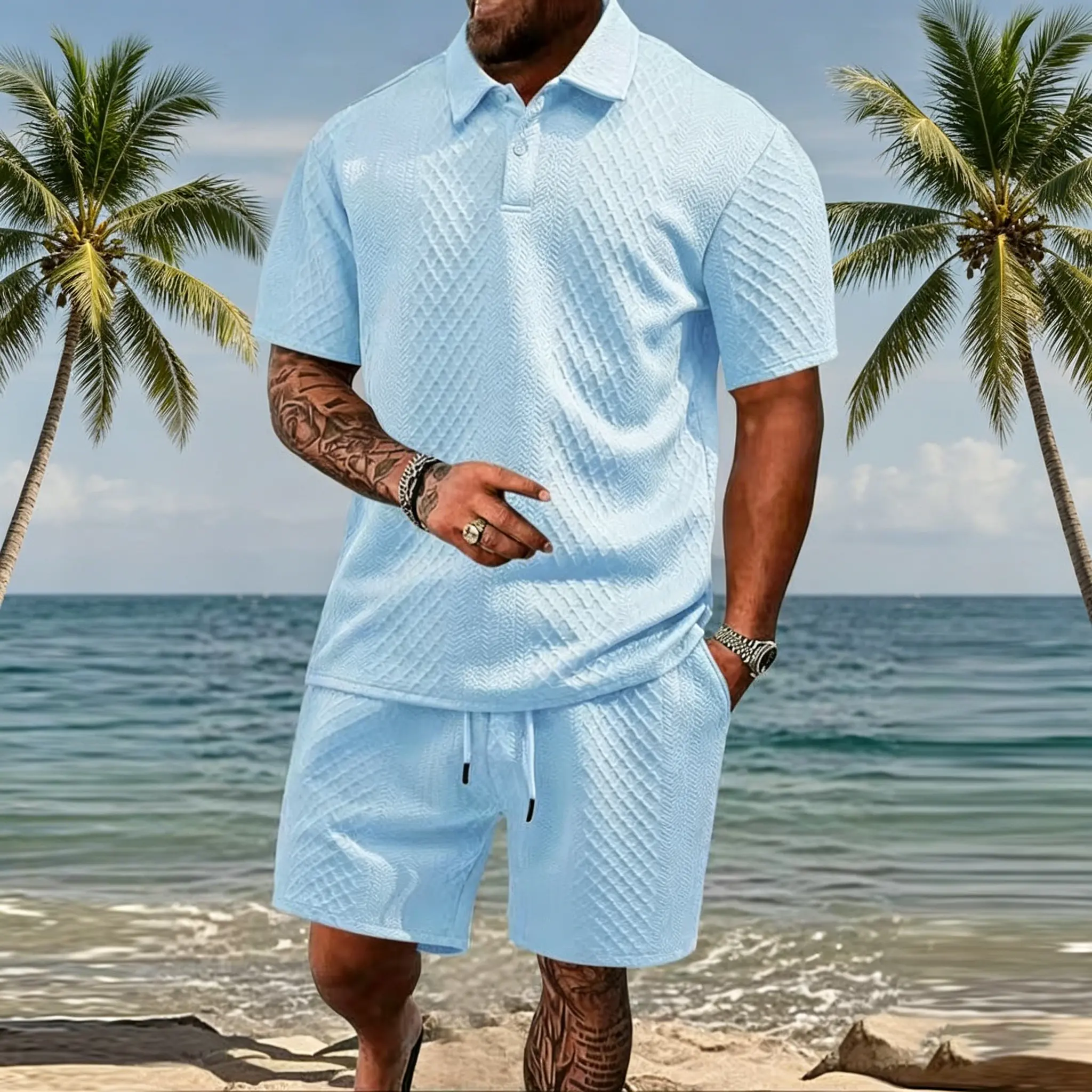 Men’s Two-Piece Set for Summer Solid-Color Casual Athletic Polo Shirt & Lightweight Shorts with Pockets Elastic Waistband Breathable Mesh Fabric Ideal for Vacations Beach Trips Golf Outdoor Activities Clothes Menswear Summervibes